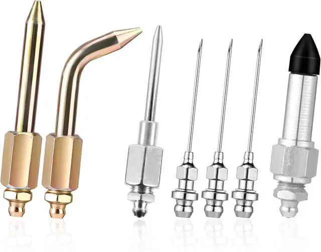 Main image of A 7-piece oil gun accessory kit, including 3 grease nozzles, 1 needle distributor, rubber head connector, straight nozzle, and 1 needle elbow connector adapter suitable for narrow Spaces