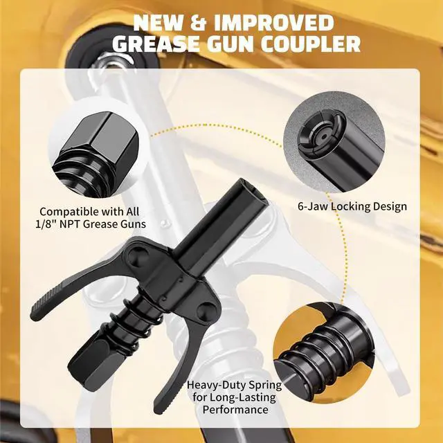 Alt view image 4 of 7 - Grease gun connector, leak-proof grease gun head with quick lock release, high pressure 10,000 PSI, 6-port thickened grease gun connector, compatible with 1/8-inch NPT grease gun kit