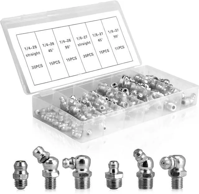 Main image of 110-piece set of grease connector kit, SAE grease connector combination: 1/4-inch 1/8-inch straight 45-inch 90-degree bevel Zek grease connector, galvanized steel grease Zek kit, for replacing damaged