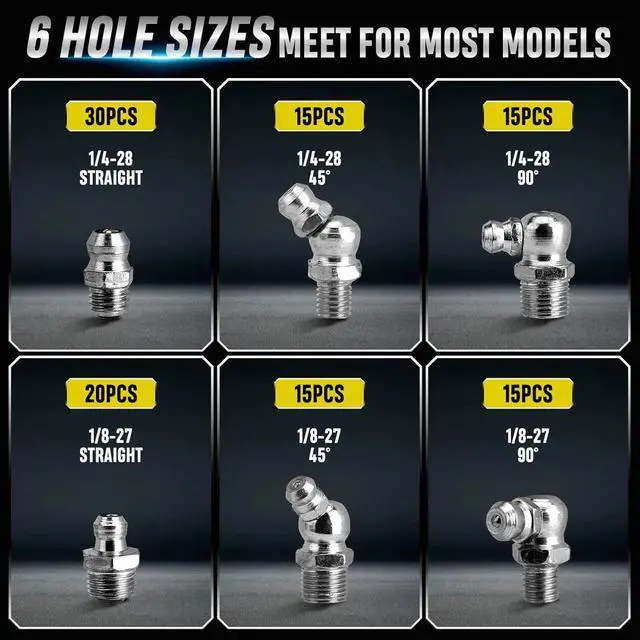 Alt view image 2 of 7 - 110-piece set of grease connector kit, SAE grease connector combination: 1/4-inch 1/8-inch straight 45-inch 90-degree bevel Zek grease connector, galvanized steel grease Zek kit, for replacing damaged