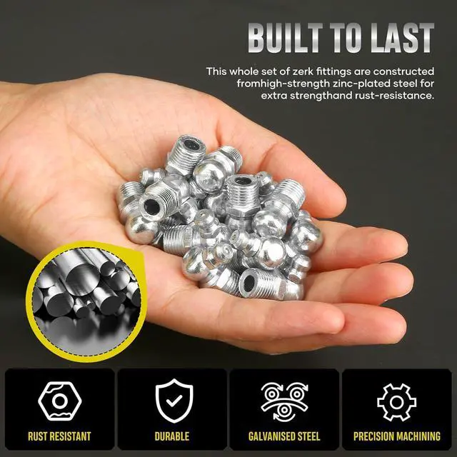 Alt view image 3 of 7 - 110-piece set of grease connector kit, SAE grease connector combination: 1/4-inch 1/8-inch straight 45-inch 90-degree bevel Zek grease connector, galvanized steel grease Zek kit, for replacing damaged