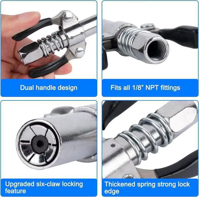 Alt view image 4 of 7 - Grease gun connector set - 12000 PSI locking grease gun head for quick locking of grease gun connectors, 90-degree grease gun nozzle can be installed with all 1/8-inch NPT grease gun connectors