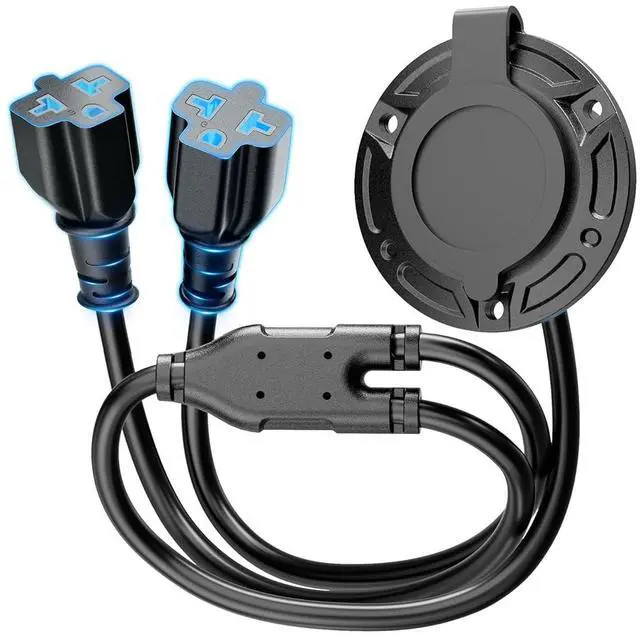 Main image of New 20A 125V AC power plug, 12AWG heavy-duty RV shore power plug with 5-in-1 T-nut adapter and dual 16-inch cords, waterproof AC power outlet box, integrated outdoor power socket
