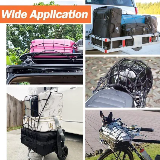 Alt view image 2 of 6 - Small cargo net 30" x 15", with thickened hooks that can be stretched to 60" x 30"| Natural latex core, tight 2" x 2" mesh heavy-duty bungee net, suitable for motorcycles, all-terrain vehicles, kayaks