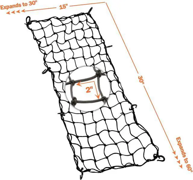 Alt view image 3 of 6 - Small cargo net 30" x 15", with thickened hooks that can be stretched to 60" x 30"| Natural latex core, tight 2" x 2" mesh heavy-duty bungee net, suitable for motorcycles, all-terrain vehicles, kayaks