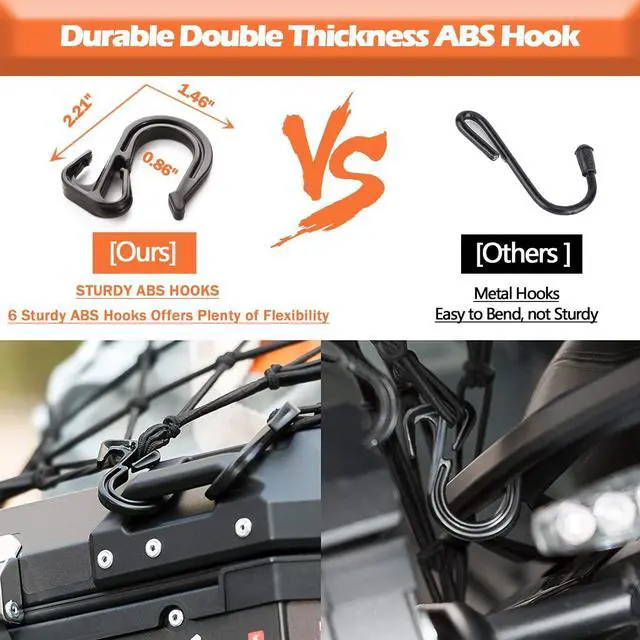 Alt view image 4 of 6 - Small cargo net 30" x 15", with thickened hooks that can be stretched to 60" x 30"| Natural latex core, tight 2" x 2" mesh heavy-duty bungee net, suitable for motorcycles, all-terrain vehicles, kayaks