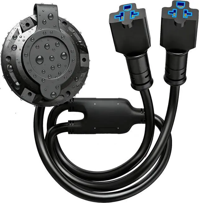Main image of 20A RV shore power inlet plug, 12AWG 125V dual AC port plug, waterproof power socket box, equipped with 20-inch integrated outdoor extension cord and 5 NEMA plugs