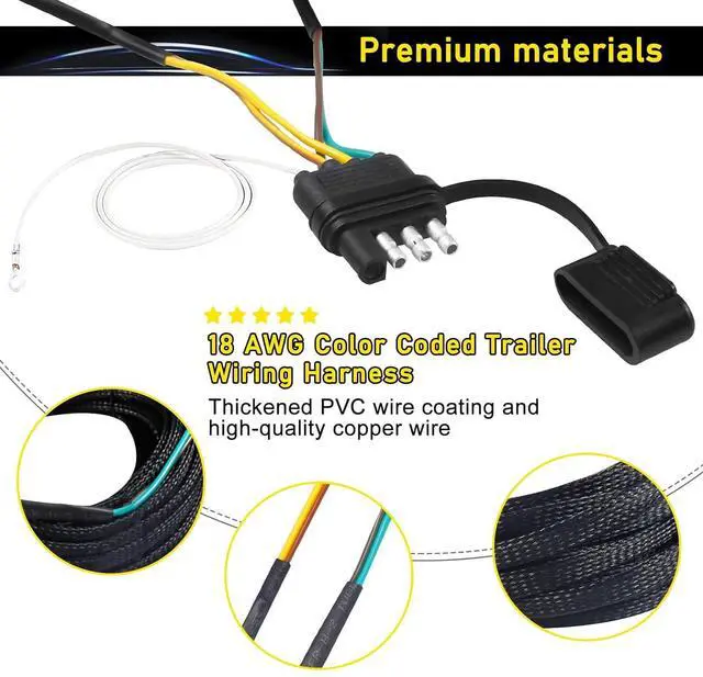 Alt view image 5 of 7 - 35-foot 4-pin 5-wire trailer wiring harness, Wishbond trailer light kit, 18 AWG color-coded wiring harness trailer connector, tail light, brake light and turn signal wire plugs (35 feet)