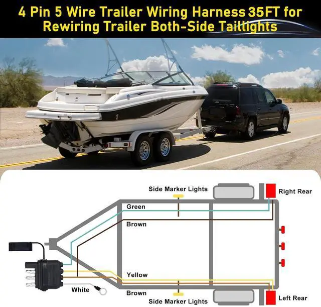 Alt view image 7 of 7 - 35-foot 4-pin 5-wire trailer wiring harness, Wishbond trailer light kit, 18 AWG color-coded wiring harness trailer connector, tail light, brake light and turn signal wire plugs (35 feet)