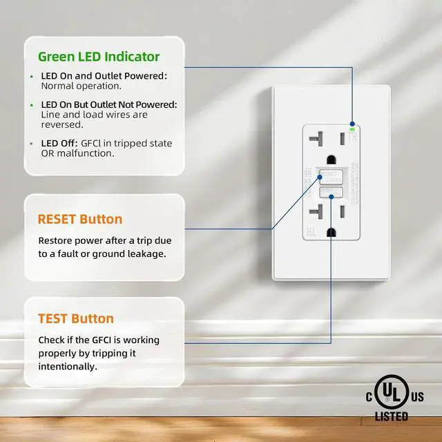 Alt view image 4 of 7 - GFCI socket 20 amps, self-testing GFI power socket, thinner design, TR explosion-proof GFCI socket, wall-mounted circuit breaker with fault protection, UL certified, matte white, one set
