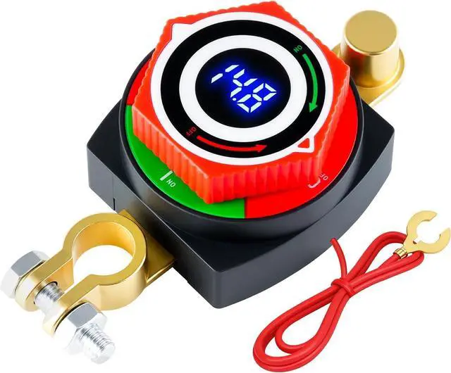 Main image of The battery disconnect switch with a voltmeter display shows that the 5-80V automotive battery shutdown main switch, negative terminal isolator, suitable for RVs/ trucks/ships, digital display for bat
