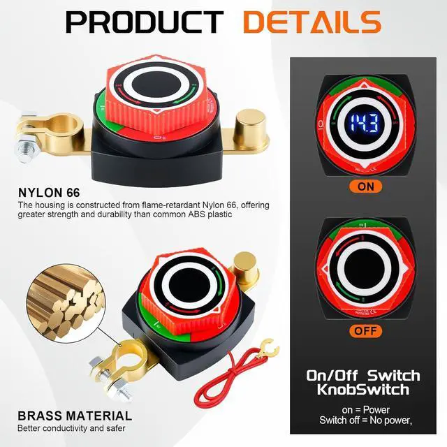 Alt view image 3 of 6 - The battery disconnect switch with a voltmeter display shows that the 5-80V automotive battery shutdown main switch, negative terminal isolator, suitable for RVs/ trucks/ships, digital display for bat