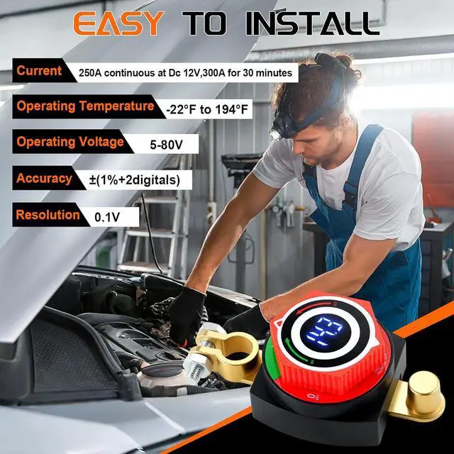 Alt view image 5 of 6 - The battery disconnect switch with a voltmeter display shows that the 5-80V automotive battery shutdown main switch, negative terminal isolator, suitable for RVs/ trucks/ships, digital display for bat