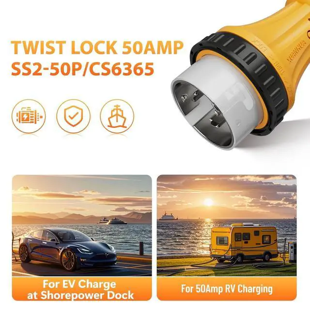 Alt view image 3 of 7 - NEMA SS2-50P to 14-50R 50-ampere marine shore power connector for Tesla RV power adapter, rotating lock SS2-50P/CS6365 to 4 plug 50A caravan socket, for camping trailers, motorcycles, yachts