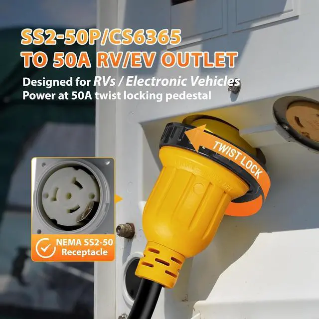 Alt view image 7 of 7 - NEMA SS2-50P to 14-50R 50-ampere marine shore power connector for Tesla RV power adapter, rotating lock SS2-50P/CS6365 to 4 plug 50A caravan socket, for camping trailers, motorcycles, yachts