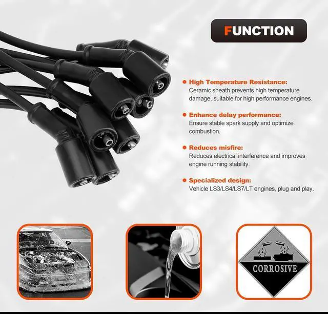 Alt view image 3 of 7 - 8-pack LS spark plug wires, 9070C ceramic spark plug wires, equipped with Extreme 9000 ceramic boots, compatible with LS terminals LS3, LS4, and LS7 LT engines