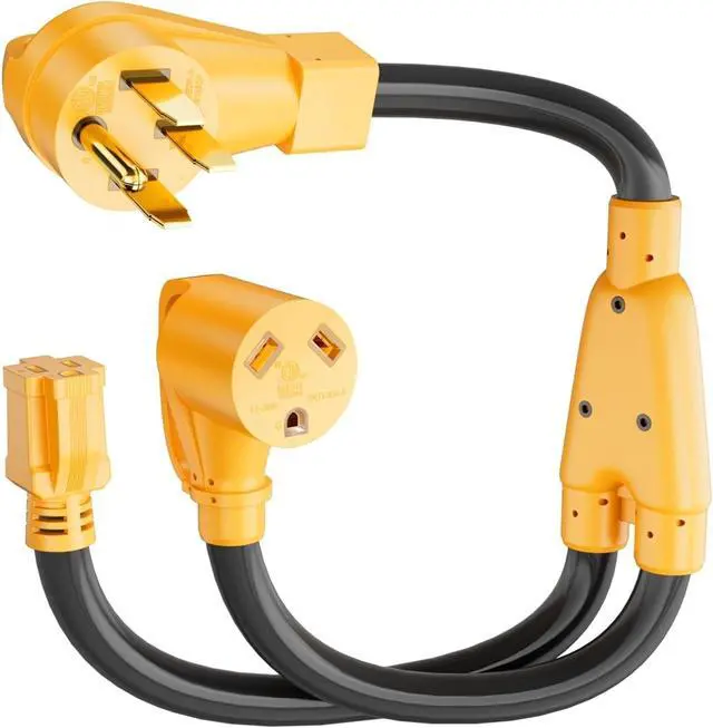 Main image of RV 50-Amp to 30-Amp and 15-Amp Y-Splitter, NEMA 14-50P to TT-30R and 5-15R Y-adapter, 50-amp male to 30/15-amp female power cord, 50A to 110V residential RV power distribution adapter, STW 10/3, 2 fee