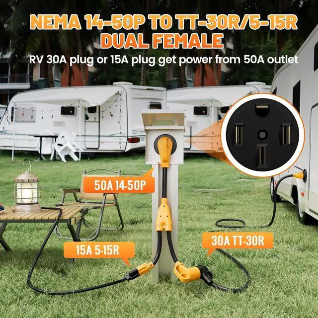 Alt view image 3 of 7 - RV 50-Amp to 30-Amp and 15-Amp Y-Splitter, NEMA 14-50P to TT-30R and 5-15R Y-adapter, 50-amp male to 30/15-amp female power cord, 50A to 110V residential RV power distribution adapter, STW 10/3, 2 fee