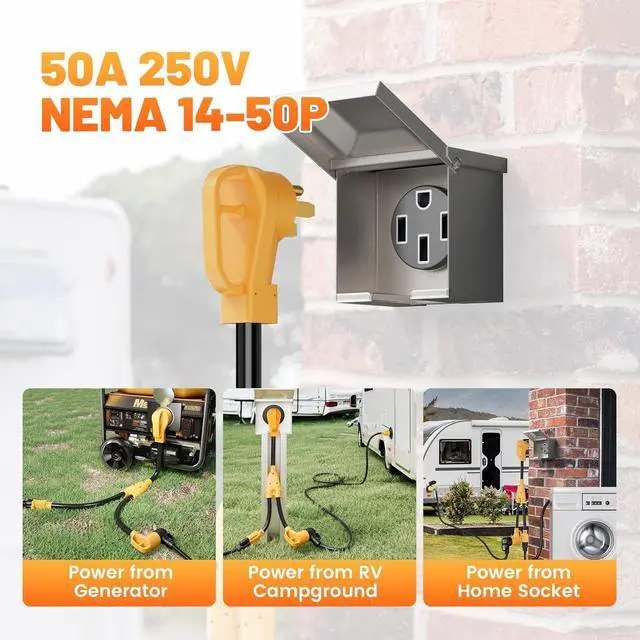 Alt view image 6 of 7 - RV 50-Amp to 30-Amp and 15-Amp Y-Splitter, NEMA 14-50P to TT-30R and 5-15R Y-adapter, 50-amp male to 30/15-amp female power cord, 50A to 110V residential RV power distribution adapter, STW 10/3, 2 fee
