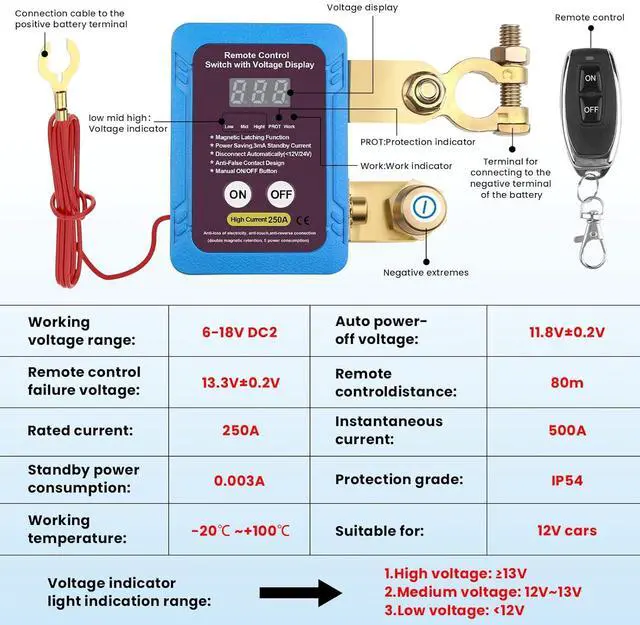 Alt view image 7 of 7 - 250A 12V Remote Battery Disconnect Switch, Upgraded Smart Voltage Cut-Off Switch with LED Voltage Display, Anti-Theft Security Switch for Car, Truck, and RV Batteries (Vertical or Horizontal Installat