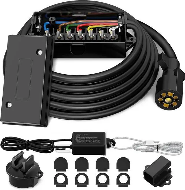 Main image of 7-Pin Trailer Wiring Kit, 8 Feet, 7-Circuit Trailer Plug with Waterproof Junction Box and 12V Disconnect Switch, Heavy-Duty 7-Circuit Trailer Cable Connection for RVs, Campers, and Motorhomes