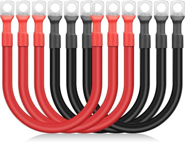 Main image of 6-Pack 2 AWG Battery Cable, 12 Inches (30 cm) Heavy-Duty 2 AWG Pure Copper Battery Inverter Cable with Tinned Copper 3/8" Terminals, Suitable for 12V48V Automotive, Marine, RV, and Solar Panel Appl