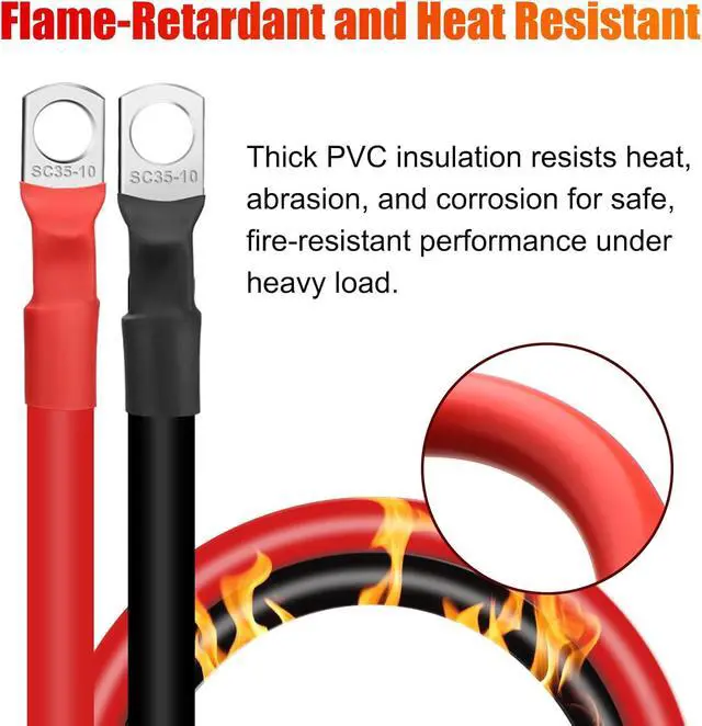 Alt view image 2 of 7 - 6-Pack 2 AWG Battery Cable, 12 Inches (30 cm) Heavy-Duty 2 AWG Pure Copper Battery Inverter Cable with Tinned Copper 3/8" Terminals, Suitable for 12V48V Automotive, Marine, RV, and Solar Panel Appl
