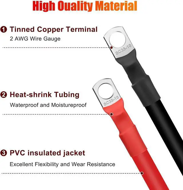 Alt view image 4 of 7 - 6-Pack 2 AWG Battery Cable, 12 Inches (30 cm) Heavy-Duty 2 AWG Pure Copper Battery Inverter Cable with Tinned Copper 3/8" Terminals, Suitable for 12V48V Automotive, Marine, RV, and Solar Panel Appl