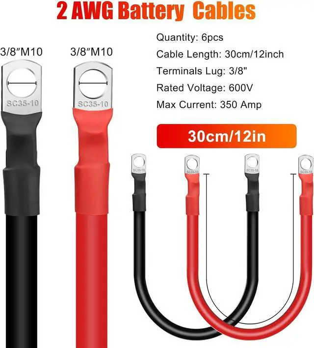 Alt view image 5 of 7 - 6-Pack 2 AWG Battery Cable, 12 Inches (30 cm) Heavy-Duty 2 AWG Pure Copper Battery Inverter Cable with Tinned Copper 3/8" Terminals, Suitable for 12V48V Automotive, Marine, RV, and Solar Panel Appl