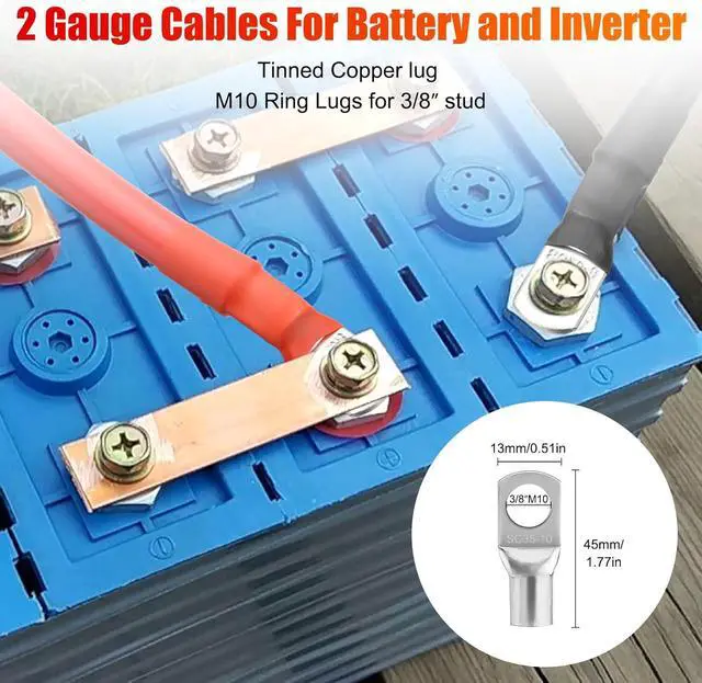 Alt view image 7 of 7 - 6-Pack 2 AWG Battery Cable, 12 Inches (30 cm) Heavy-Duty 2 AWG Pure Copper Battery Inverter Cable with Tinned Copper 3/8" Terminals, Suitable for 12V48V Automotive, Marine, RV, and Solar Panel Appl