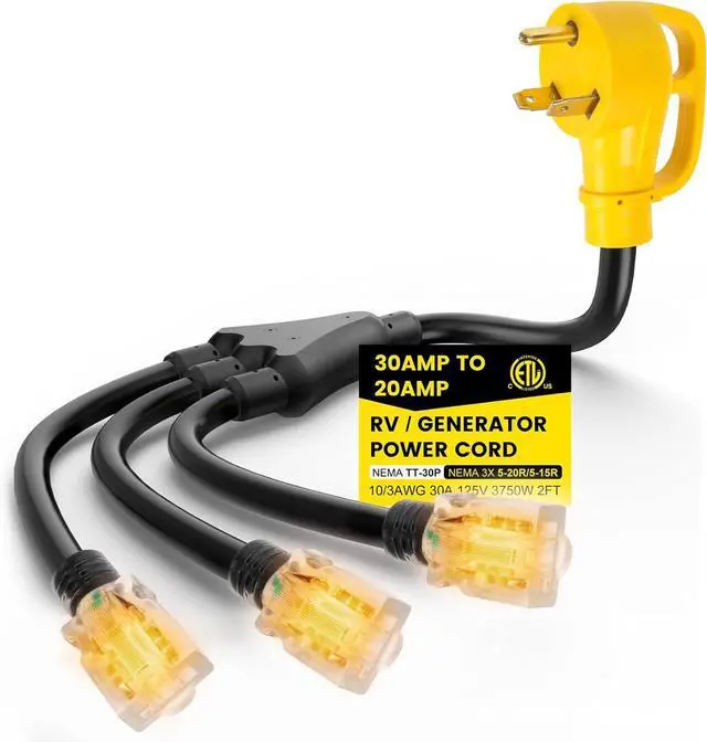 Main image of 2-foot 30-amp to 110-volt RV generator distribution adapter; 30-amp to 15-amp/20-amp adapter; NEMA TT-30P male plug to 3x5-15R/20R household outlet female receptacle