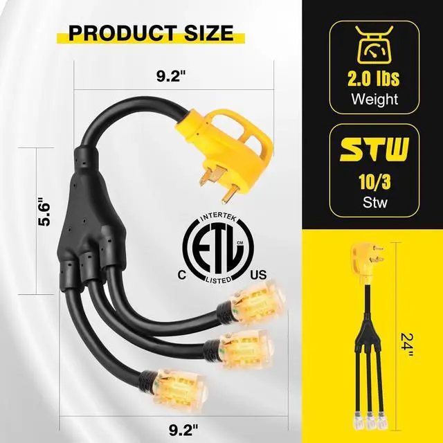 Alt view image 2 of 7 - 2-foot 30-amp to 110-volt RV generator distribution adapter; 30-amp to 15-amp/20-amp adapter; NEMA TT-30P male plug to 3x5-15R/20R household outlet female receptacle