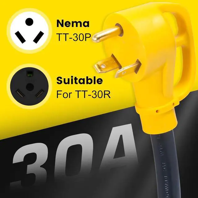 Alt view image 3 of 7 - 2-foot 30-amp to 110-volt RV generator distribution adapter; 30-amp to 15-amp/20-amp adapter; NEMA TT-30P male plug to 3x5-15R/20R household outlet female receptacle