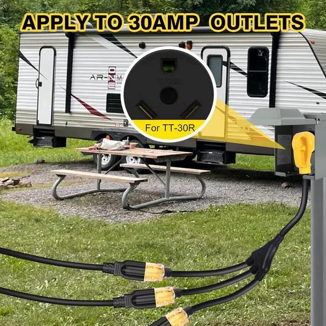 Alt view image 5 of 7 - 2-foot 30-amp to 110-volt RV generator distribution adapter; 30-amp to 15-amp/20-amp adapter; NEMA TT-30P male plug to 3x5-15R/20R household outlet female receptacle