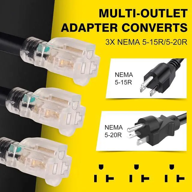 Alt view image 6 of 7 - 2-foot 30-amp to 110-volt RV generator distribution adapter; 30-amp to 15-amp/20-amp adapter; NEMA TT-30P male plug to 3x5-15R/20R household outlet female receptacle