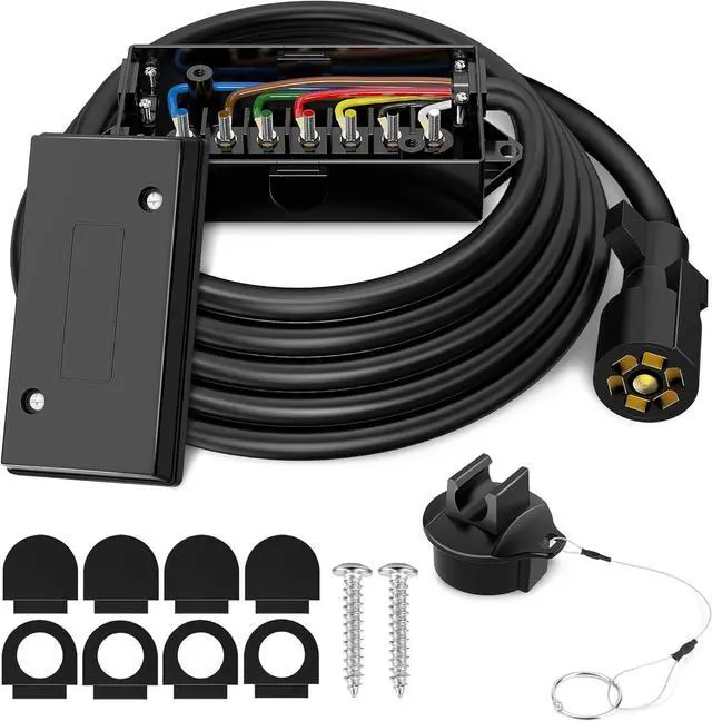 Main image of 8-foot 7-pin trailer plug, complete with a 7-pin junction box, 7-pin trailer wiring harness, heavy-duty 7-pin trailer cable, and a waterproof junction box