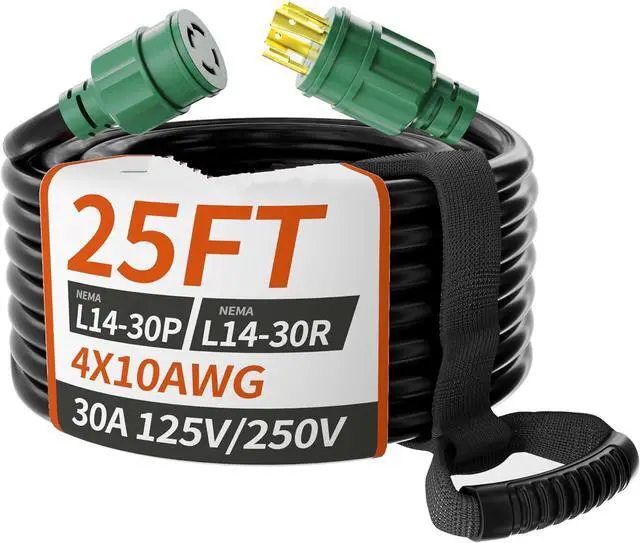 Main image of 25-Foot 30-Amp Generator Extension Cord with 4 Outlets, NEMA L14-30P/L14-30R, #10 STW, 125/250V, Twist-Lock Generator Cord, Heavy-Duty, Black, ETL Listed