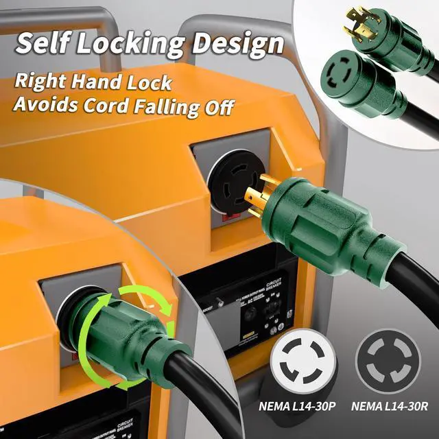 Alt view image 5 of 7 - 25-Foot 30-Amp Generator Extension Cord with 4 Outlets, NEMA L14-30P/L14-30R, #10 STW, 125/250V, Twist-Lock Generator Cord, Heavy-Duty, Black, ETL Listed