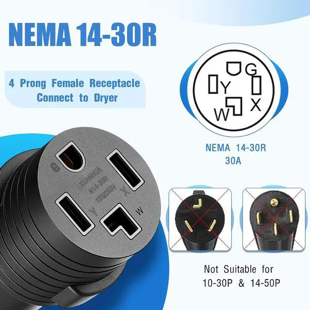 Alt view image 4 of 7 - Dryer Adapter Compatible with NEMA 10-30P to 14-30R, 3-Pin to 4-Socket, Dryer Adapter, Converts 10-30P Plug to 14-30R Outlet, 220V 30-Amp 4-Pin New-Style Dryer to 3-Pin Old-Style Household Adapter