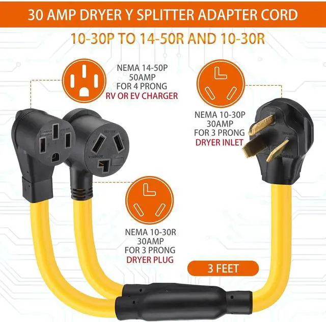 Alt view image 2 of 7 - 30-amp Y-splitter for RVs/EVs, compatible with NEMA 10-30P to 14-50R/10-30R adapters (3-pin 30A to 4-pin 50A), for EV/RV charging, STW 10 AWG, with safety ground wire, 3 feet
