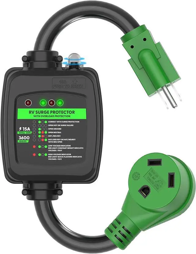 Main image of Surge Protector 30 A to 110 V RV Adapter with Overload Protection, NEMA 5-15P to NEMA TT-30R Power Adapter, 2 Feet, Green, ETL Certified