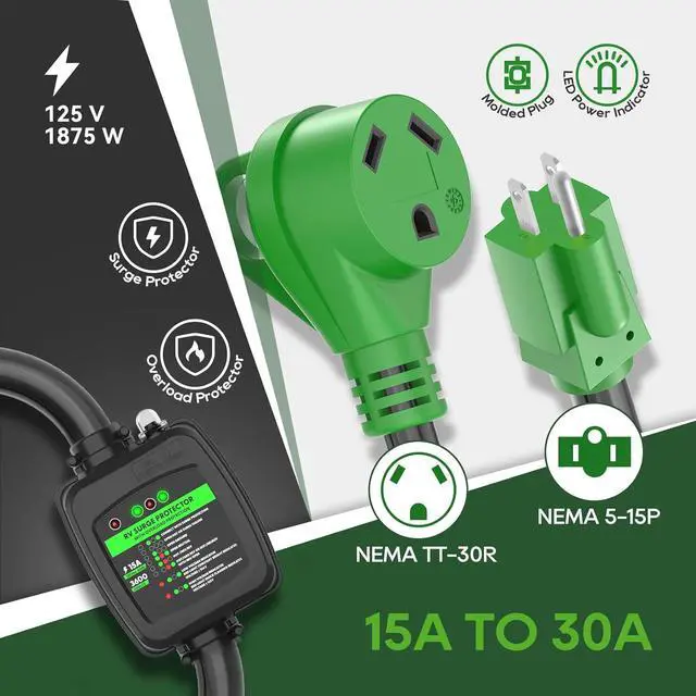 Alt view image 7 of 7 - Surge Protector 30 A to 110 V RV Adapter with Overload Protection, NEMA 5-15P to NEMA TT-30R Power Adapter, 2 Feet, Green, ETL Certified