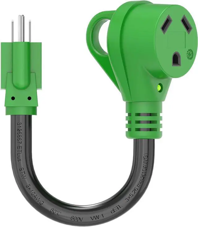Main image of 30-Amp, 110-V RV Adapter, 12 inches, NEMA 5-15P to NEMA TT-30R, Power Adapter with LED Power Indicator, Green, ETL Listed