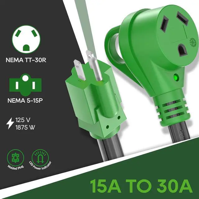 Alt view image 3 of 7 - 30-Amp, 110-V RV Adapter, 12 inches, NEMA 5-15P to NEMA TT-30R, Power Adapter with LED Power Indicator, Green, ETL Listed