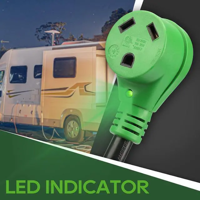 Alt view image 6 of 7 - 30-Amp, 110-V RV Adapter, 12 inches, NEMA 5-15P to NEMA TT-30R, Power Adapter with LED Power Indicator, Green, ETL Listed