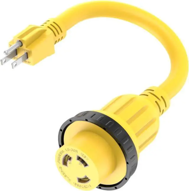Main image of 1-foot 30-amp to 15-amp marine and RV adapter with NEMA cable, 5-15P to L5-30R, 10 AWG 15-amp male to 30-amp female twist-lock power adapter, marine shore power 30A 125V outlet to 110V 15A household