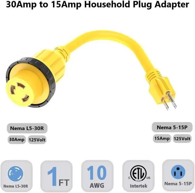 Alt view image 2 of 6 - 1-foot 30-amp to 15-amp marine and RV adapter with NEMA cable, 5-15P to L5-30R, 10 AWG 15-amp male to 30-amp female twist-lock power adapter, marine shore power 30A 125V outlet to 110V 15A household