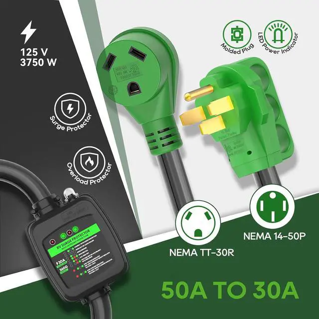 Alt view image 4 of 7 - Surge Protector, 50 A to 30 A RV Adapter Cord with Overload Protection, NEMA 14-50P to NEMA TT-30R Power Adapter, 2 Feet, Green, ETL Certified