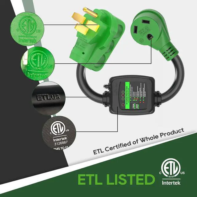 Alt view image 5 of 7 - Surge Protector, 50 A to 30 A RV Adapter Cord with Overload Protection, NEMA 14-50P to NEMA TT-30R Power Adapter, 2 Feet, Green, ETL Certified
