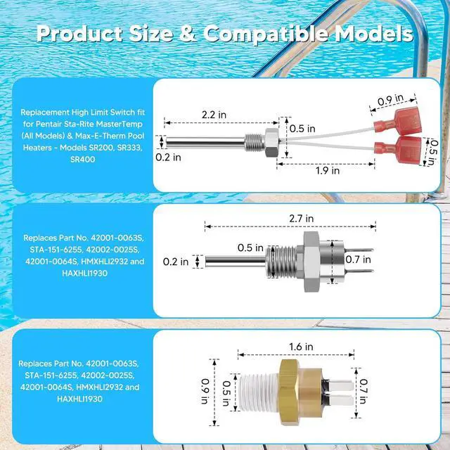 Alt view image 3 of 7 - 42002-0024S Flue Gas Sensor, 42001-0063S Upper Limit Switch, and 42001-0053S Heater Thermistor for Spa Heart-Shaped Unit (Pentair Replacement)
